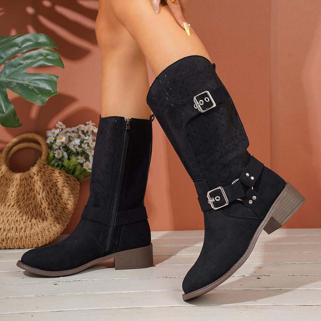 Fashion Western Retro Buckle Cowboy Boots for Women Faux Suede Hollow Out Riding Boots Woman Spring Autumn Square Heels Mid Calf Botas