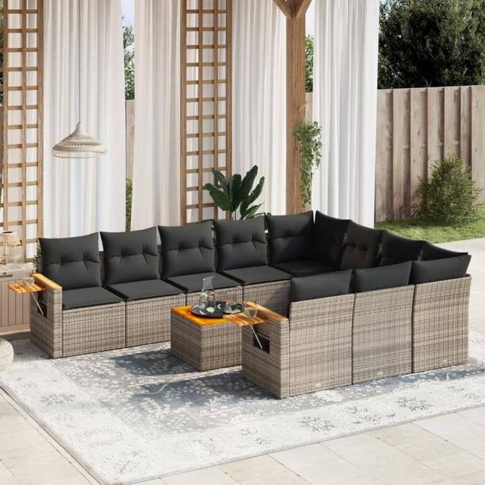 VidaXL Salon de Jardin avec Coussins 11 pcs, Canapés de Terrasse, Ensemble de Meubles de Patio, Mobilier d'Extérieur, Gris 3227187