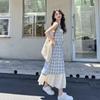 Holiday style lace-up plaid suspender dress women's summer new fake two-piece contrasting color splicing temperament A-word long dress