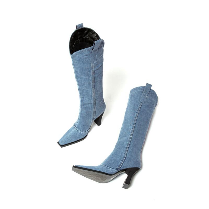 Winter New Square Toe Denim High Heel Fashion Boots 2025 Thick Heel Western Knight Boots for Women