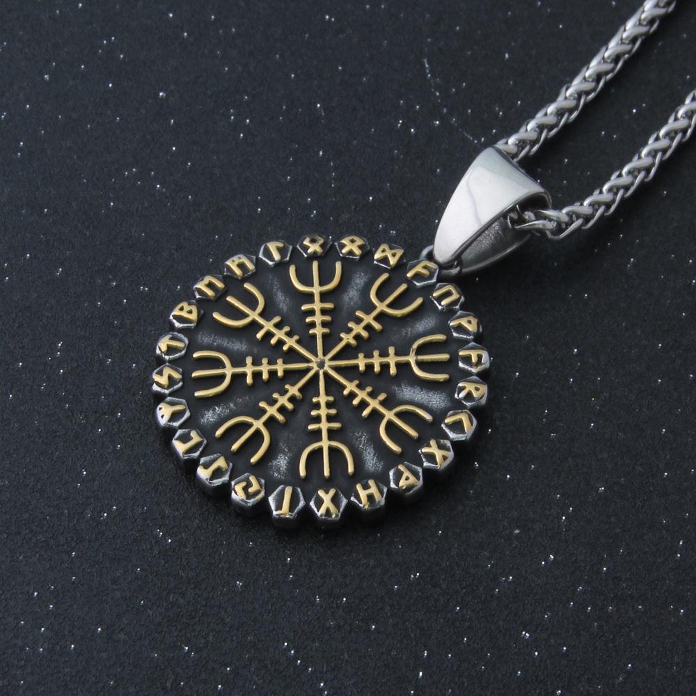 Viking Vegvisir Compass Pendant Necklace Norse Runes Nordic Amulet Stainless Steel Two Tone Medieval Talisman for Men