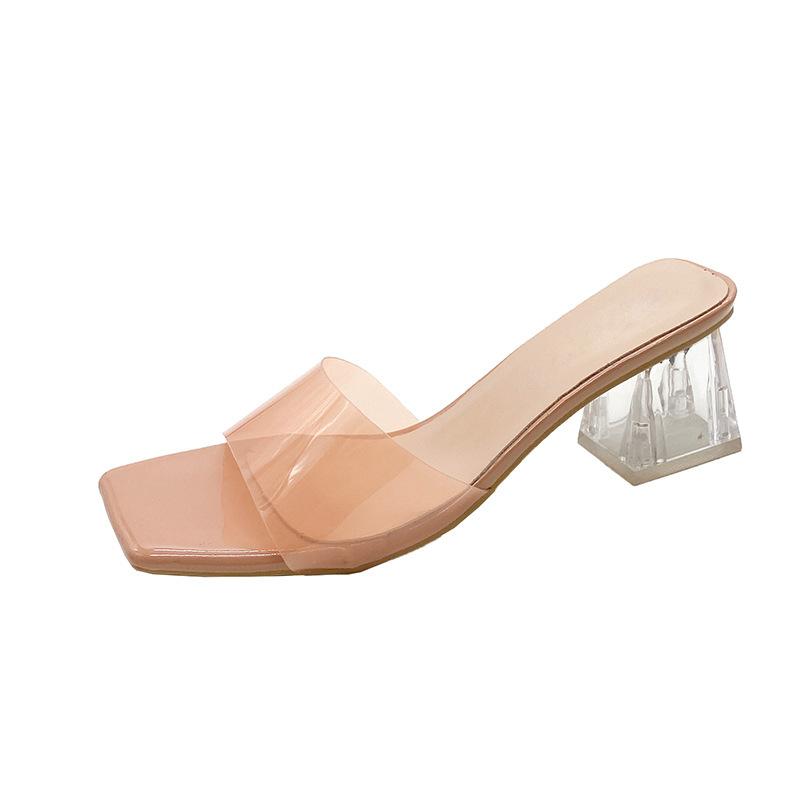 Transparent crystal slippers for women's outer wear 2025 summer new thick high-heeled square-toed open-toed slippers for women's summer outer wear