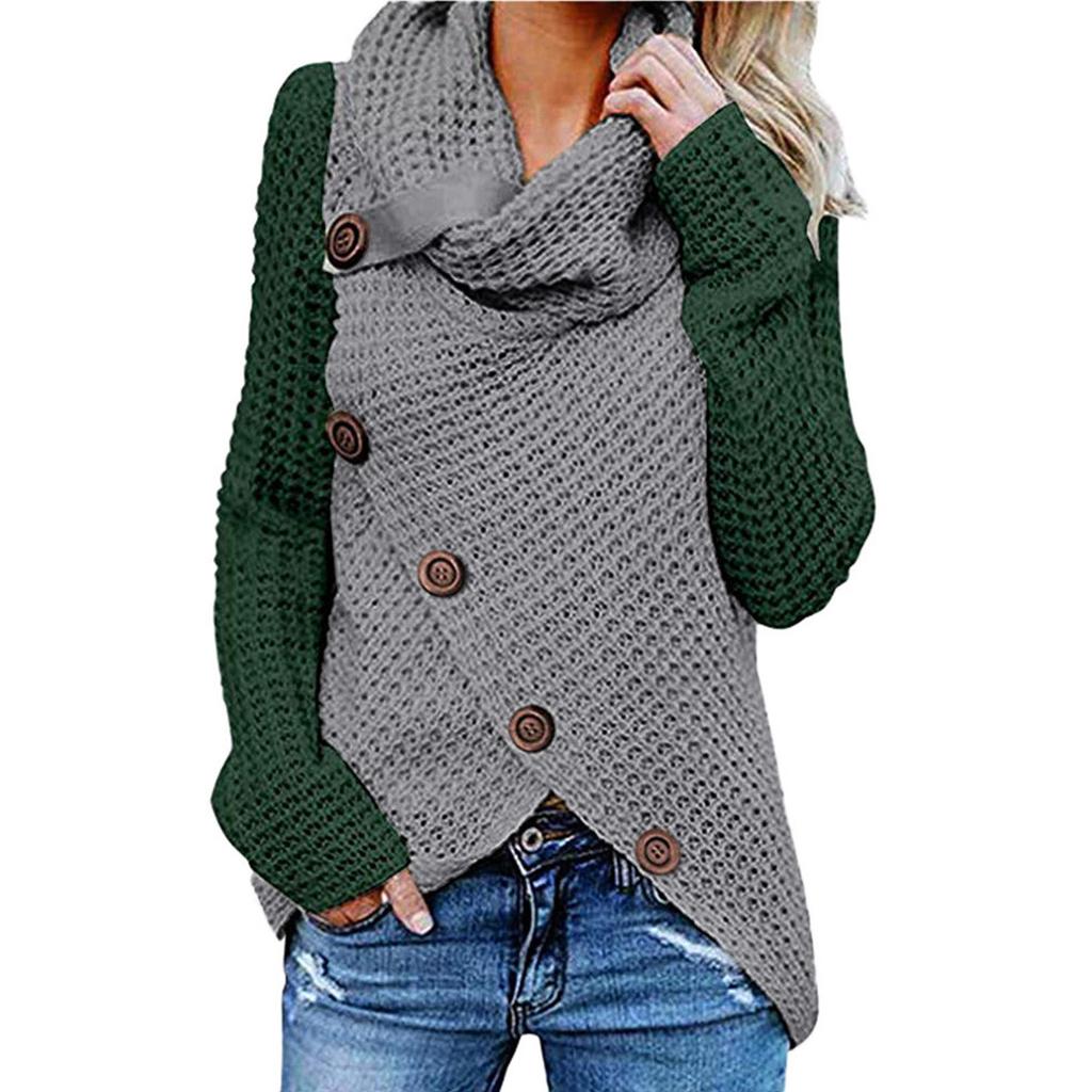 Women Winter Patchwork Knitted Buttons Long Sleeve Regular Blouse Sweatshirt