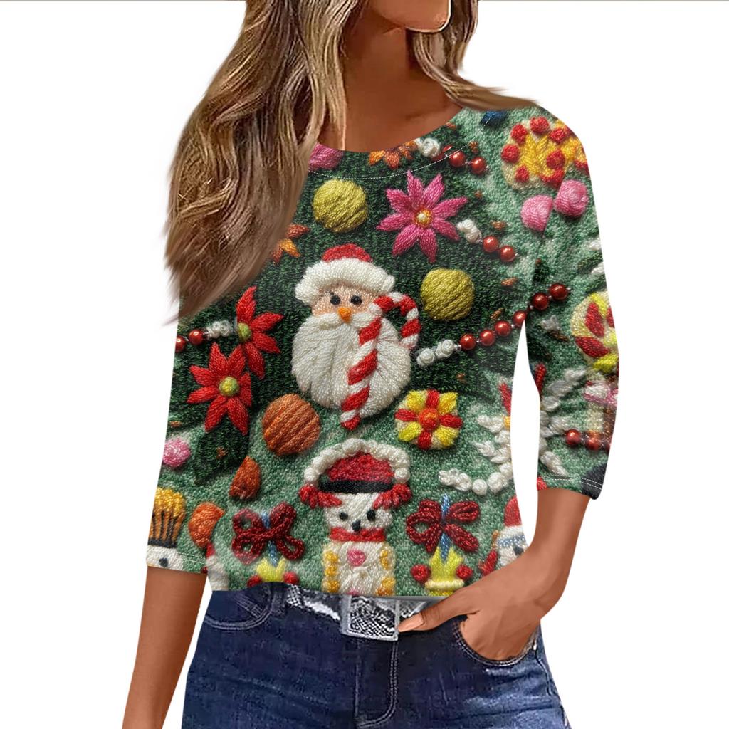 Women's Fashionable Casual Three Quarter Sleeve Christmas Printed Round Neck Top