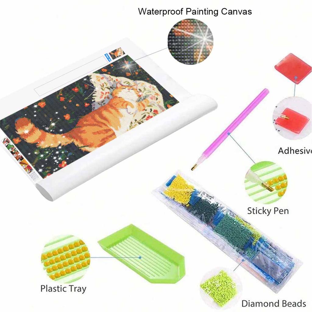 DIY 5D Diamond Art Kit Cute Sleeping Cat on Flower Blanket Sparkling Rhinestone Canvas for Bedroom and Living Room Wall Decor