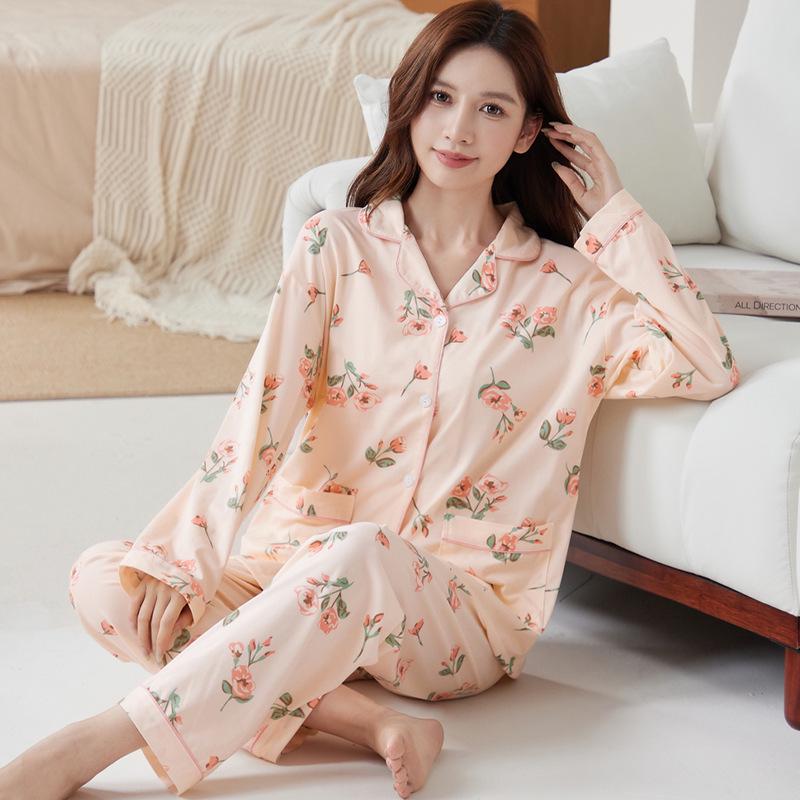 Plus Size Floral Pajama Set: Spring & Autumn, Long Sleeve, Comfortable Japanese Style for Middle-Aged Moms, Indoor/Outdoor Wear