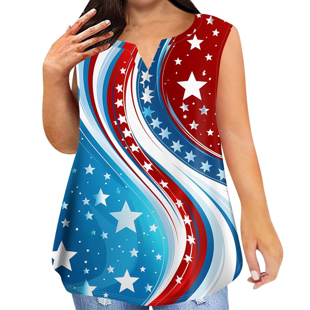 Women's Fashion Casual Large Size V-Neck Sleeveless Vest Printed T-Shirt Top