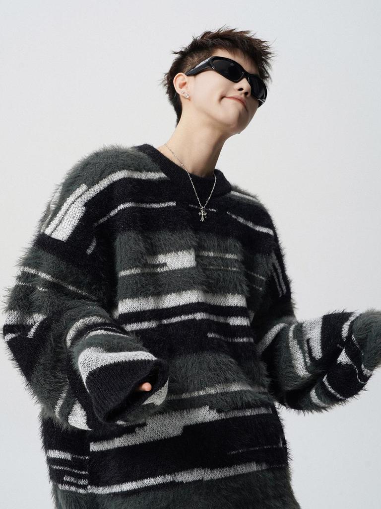 European Plus Size Mink Velvet Striped Knit Men's Sweater - Soft, Fluffy, Trendy for Autumn/Winter