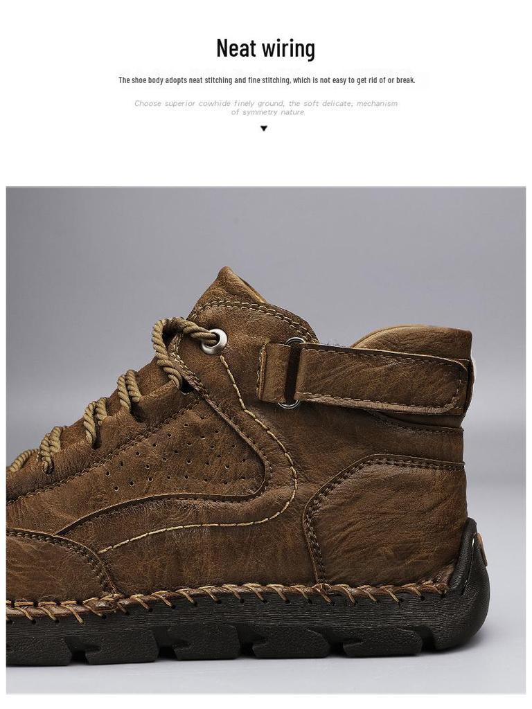 Men's Plus-Size Handmade Leather Ankle Boots: Fashionable Lace-Up Casual Shoes