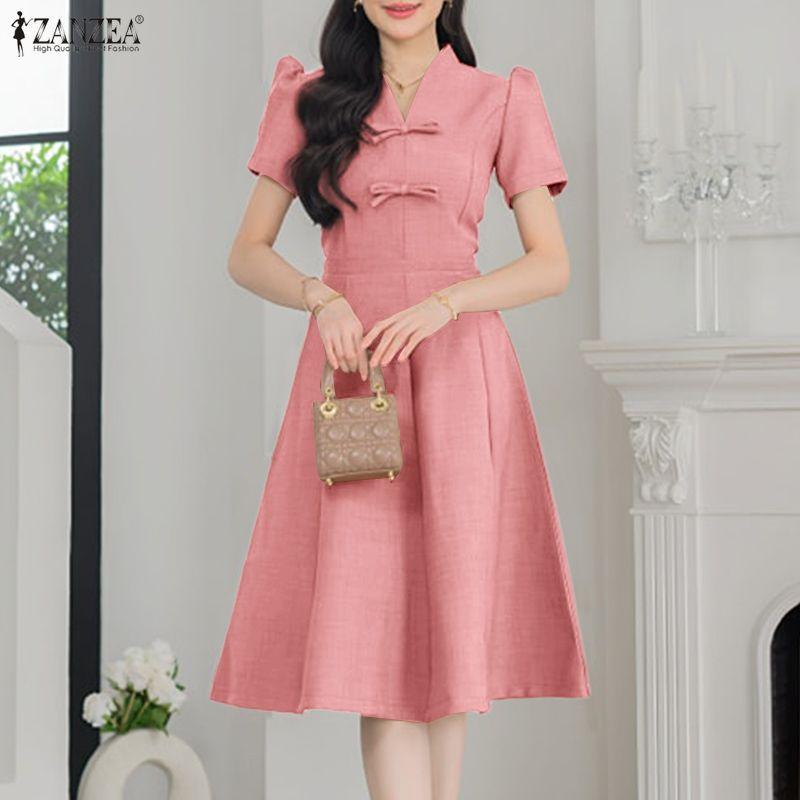 ZANZEA Women Elegant Casual V-Neck Short Sleeve A-line Dress