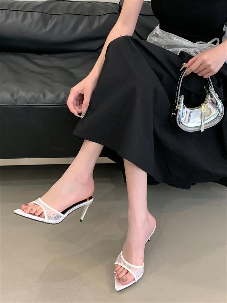 Fashion Eilyken Summer Street Style Design Breathable Women Slippers Sexy Pointed Toe Thin High Heels Banquet Prom Mesh Shoes