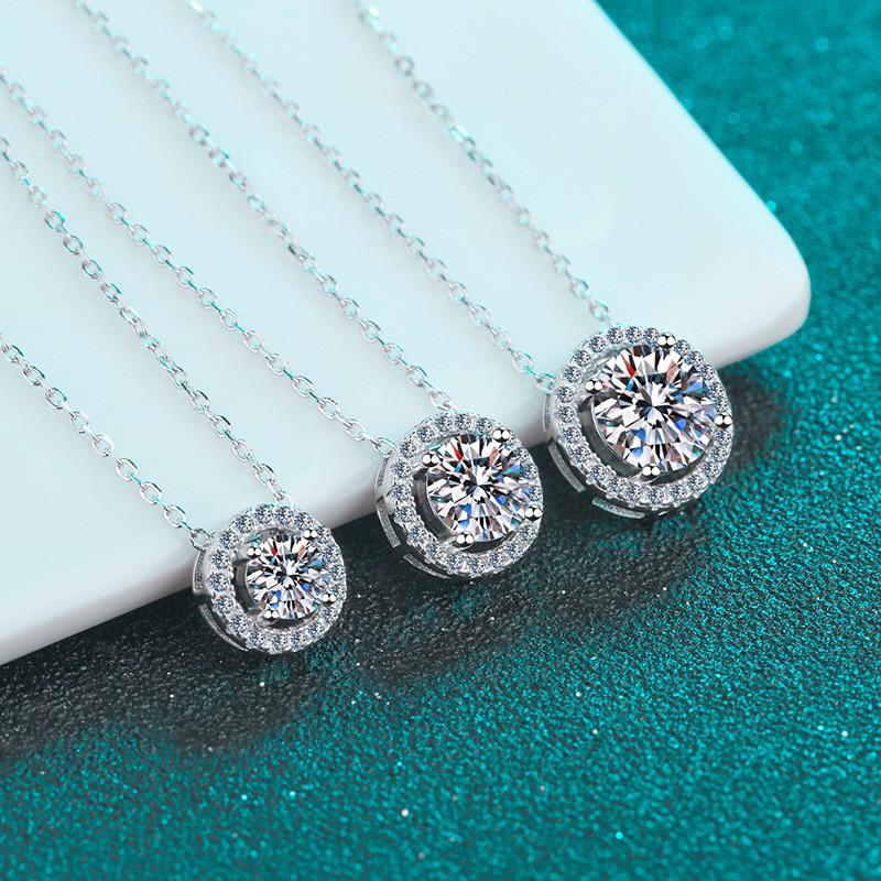 Sterling Moissanite Pendant Necklace Women Minimalist Round Charm O-Chain Jewelry Sterling Silver 925