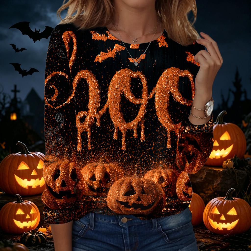 Women's Long Sleeve Casual Halloween Print Pullover Sweatshirt Round Neck Comfortable Fit Seasonal Top for Autumn Winter
