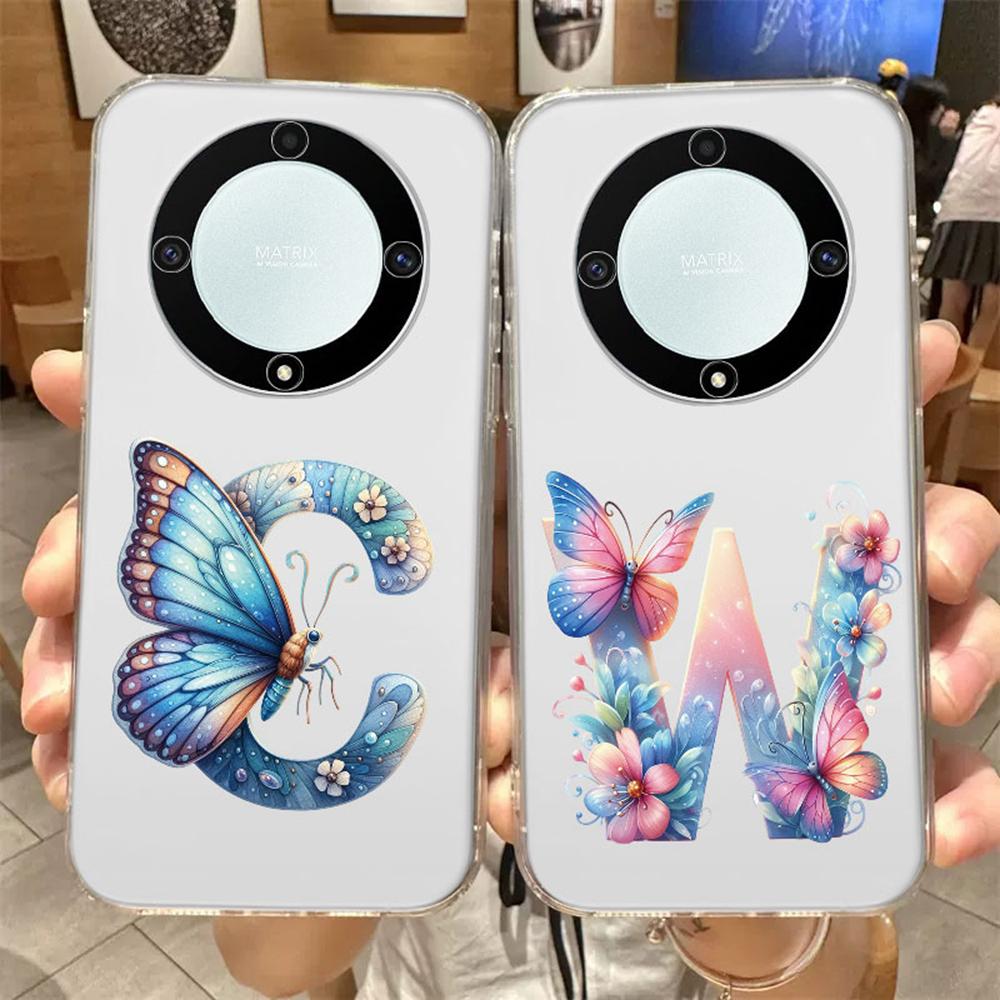 For Honor X9b X9a X9c Magic5 6 7 Lite Blue Butterfly Flower Letters A-Z Transparent Clear Women Phone Case Silicone Bumper Cover