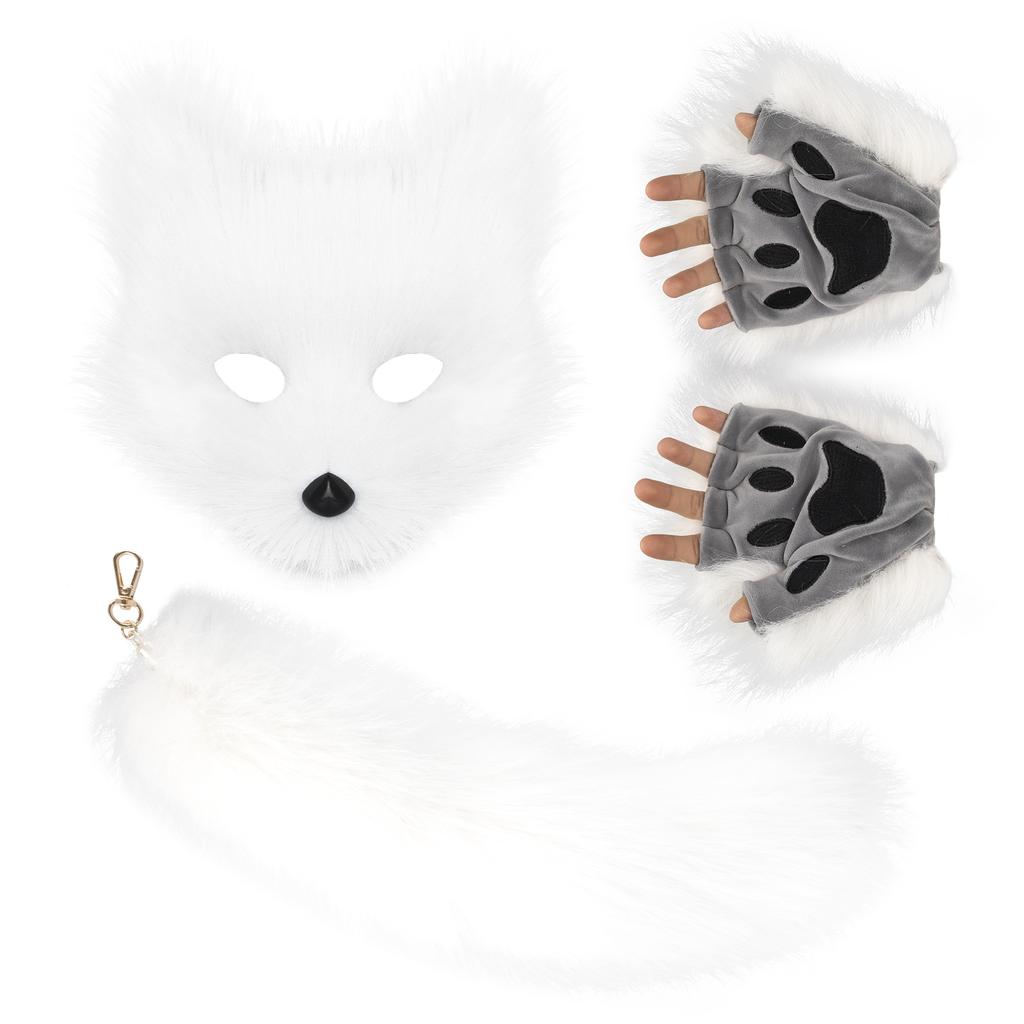 Nadýchaná kožešina Fox Tail Keychain Cat Tlaps Rukavice a Wolf Therian Mask Sada pro Halloween Cosplay kostýmní doplňky