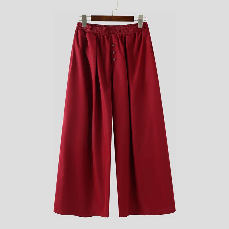 INCERUN Men Casual Elastic Waist Solid Wide Legs Pants Long Trousers with Pockets