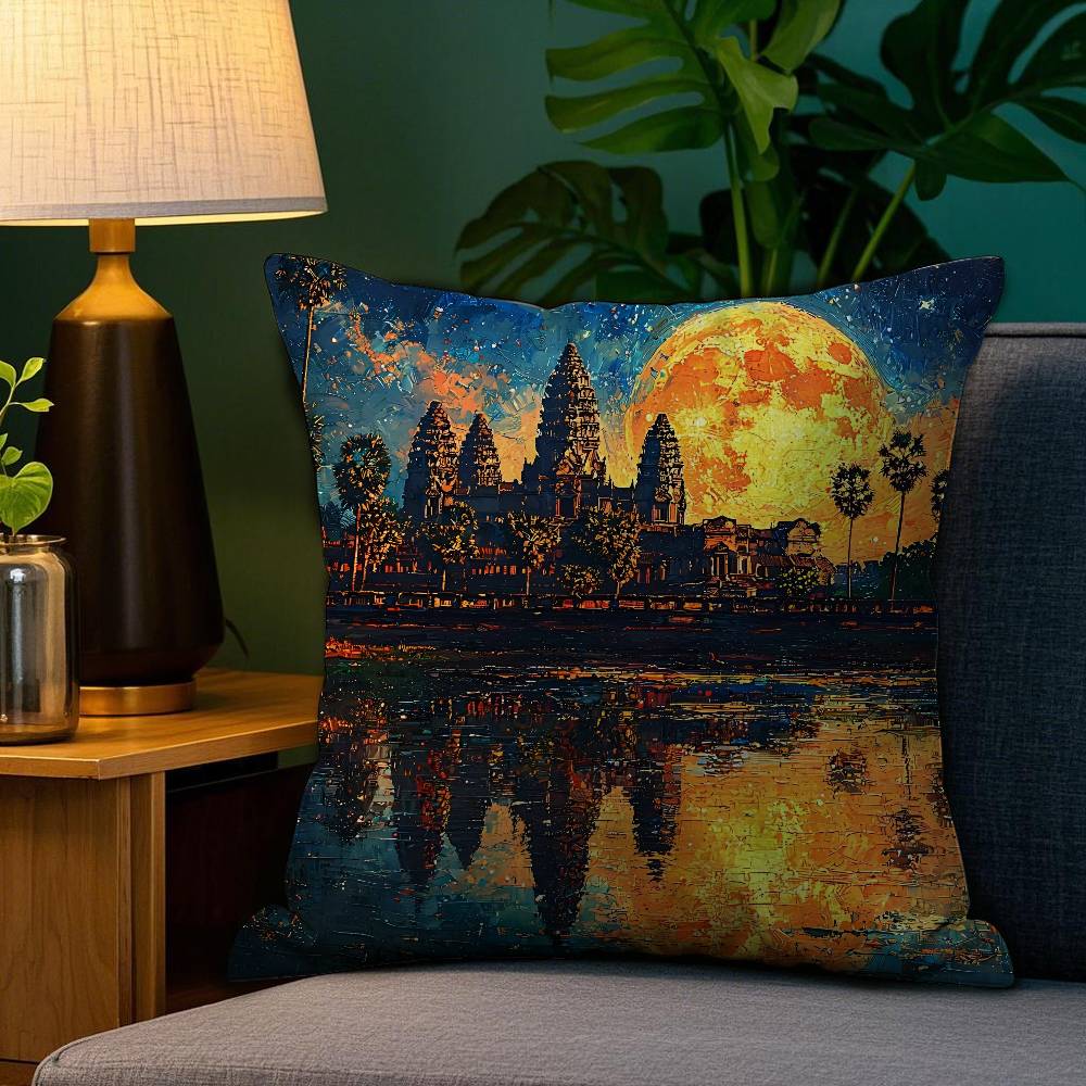 Angkor Wat Pillow Case Anti-dustmite Pillowcase Invisible Zipper Silky Short Plush Sofa Cushion Cover
