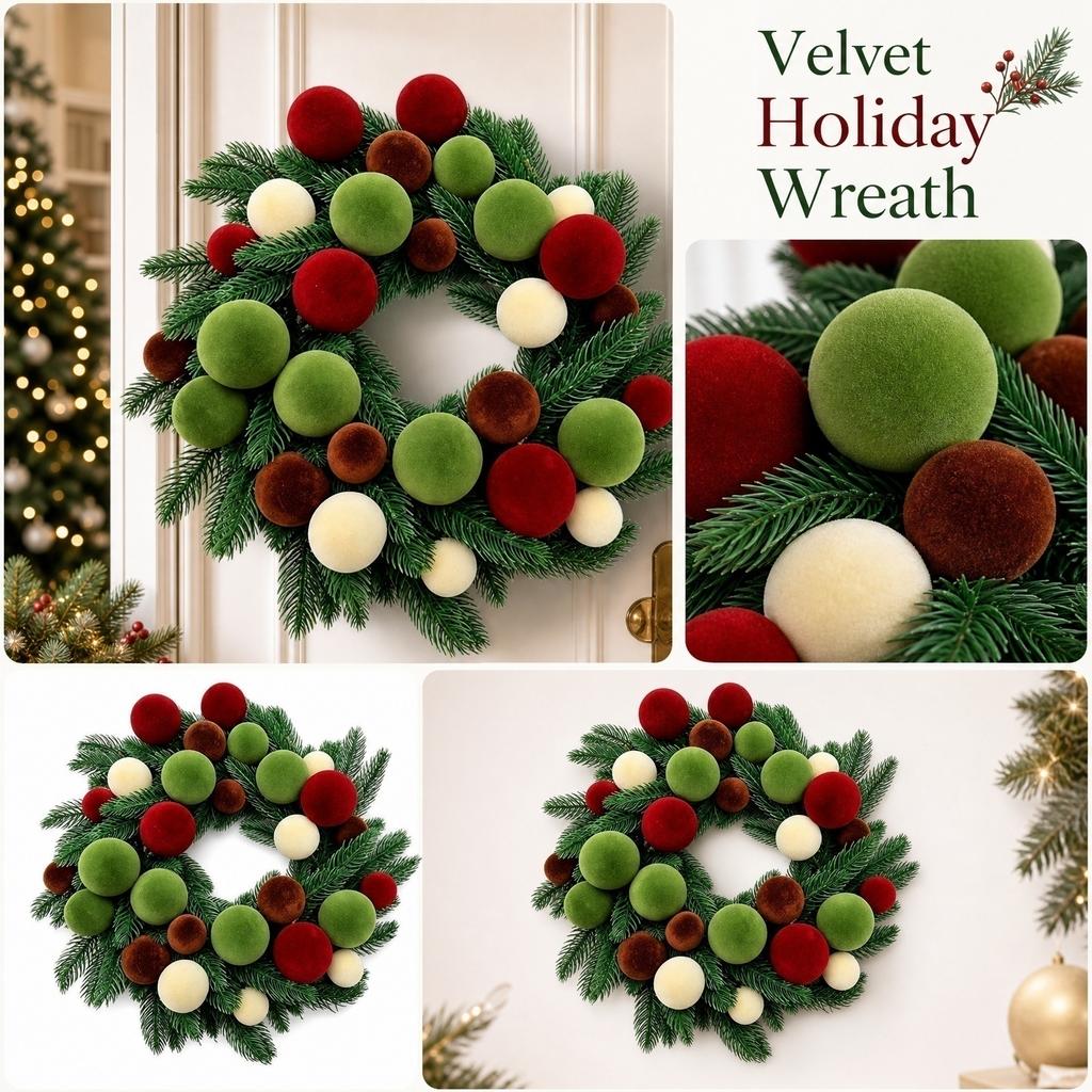 40cm Velvet Christmas Ball Wreath Artificial Pine Branch Decoration for Holiday Home Wall Door Hanging Indoor Outdoor Use