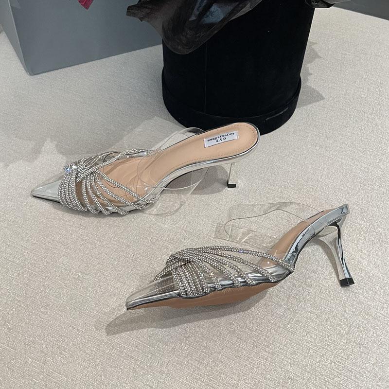 

Баотоу шлепанцы женские летние новые туфли-лодочки с острым носом и стразами для улицы прозрачные на высоком каблуке 40 серебряный