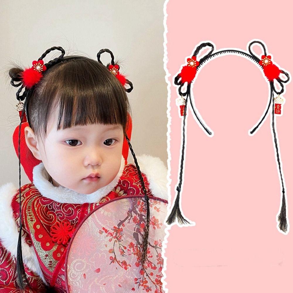 Braid Hair Chinese New Year Headwear Tassel Red Bow Hairband Cute Children Wig Headband  Girls