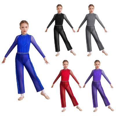 Disfraz de Patinaje Artístico para Niña Brillo Pedrería Malla Manga Larga Maillot Cintura Elástica Pantalones de Pierna Ancha