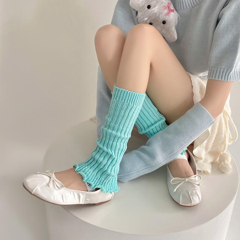Socks College Style Spring And Autumn Medium Tube Stacking Socks Solid Color Lace Lolita Wool Leg Cover