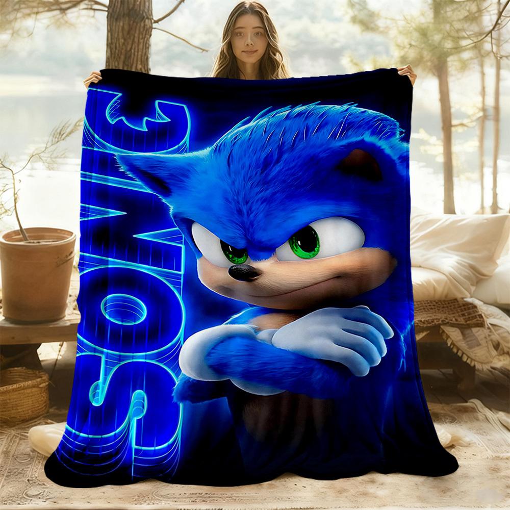 1PC Sonic Poster Outdoor Flannel Throw Blanket - HD Printed Lightweight Soft Warm All-Season Blanket for Sofa, Bed, Travel - Machine Washable
