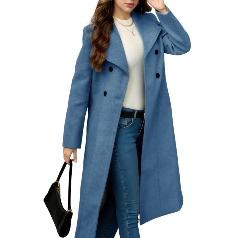 Damen Langer Wollmischmantel Übergroß Übergröße Trenchcoat Stil Winter Oberbekleidung Grau Blau