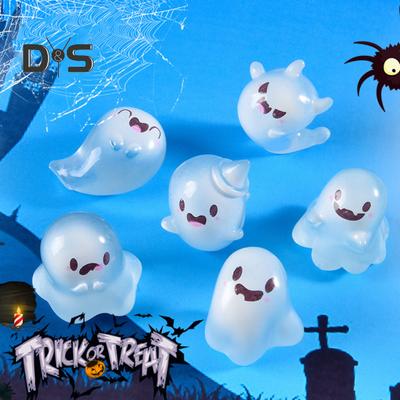 6 Stück leuchtende Mini-Geisterfiguren aus Kunstharz, leuchtende Halloween-Ornamente, kleine Geister-Mikro-Miniaturstatue für die Landschaftsparty im Freien
