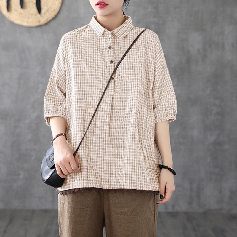 

ZANZEA Женская повседневная блузка с отложным воротником, коротким рукавом, в клетку, с кружевной отделкой 4XL абрикосовый