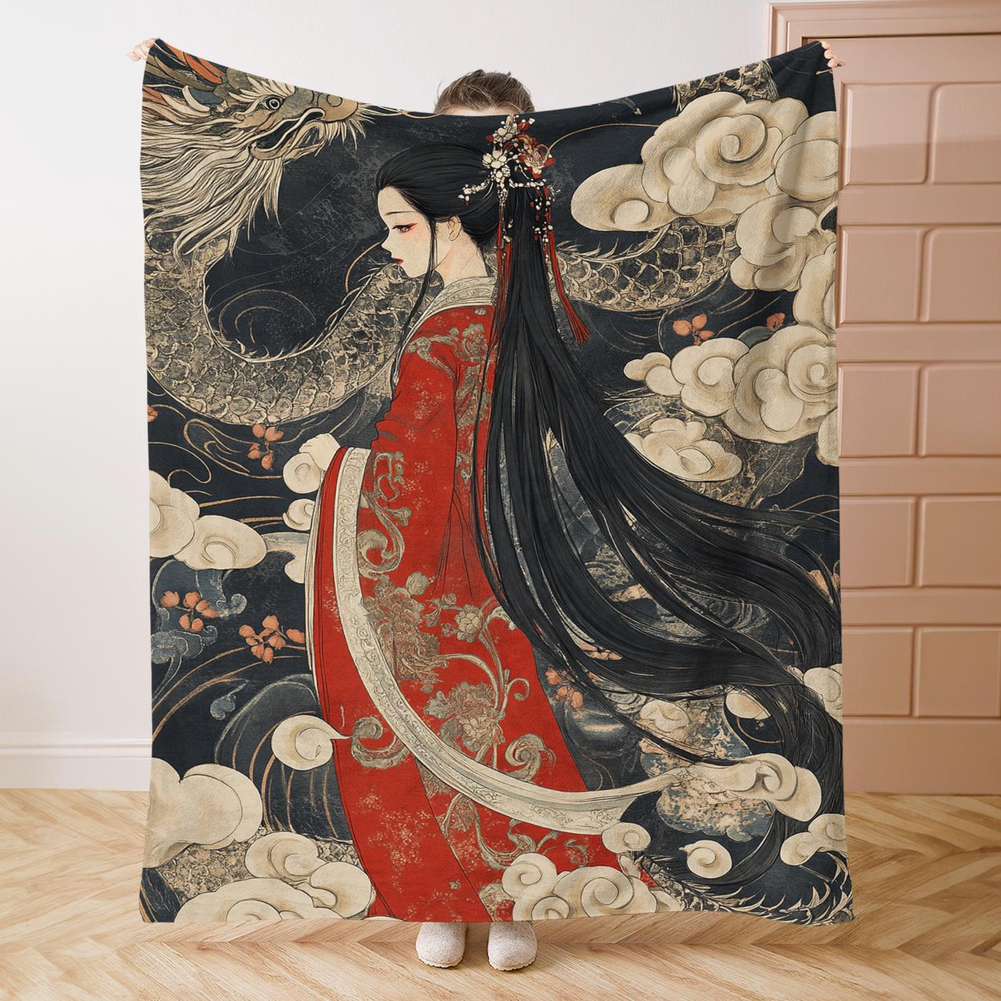 1pc Contemporary Chinese New Year Flannel Blanket Soft Polyester Throw with Elegant Woman & Red Floral Digital Print 130x150cm51x59in