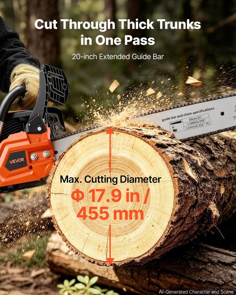 Gas Powered Chainsaw 508 mm 58CC 2.2kW 2 Stroke Engine Gas Chainsaw, for Wood Cutting, Tree Trimming & Land Clearing, Throttle-Synced Choke, Power
