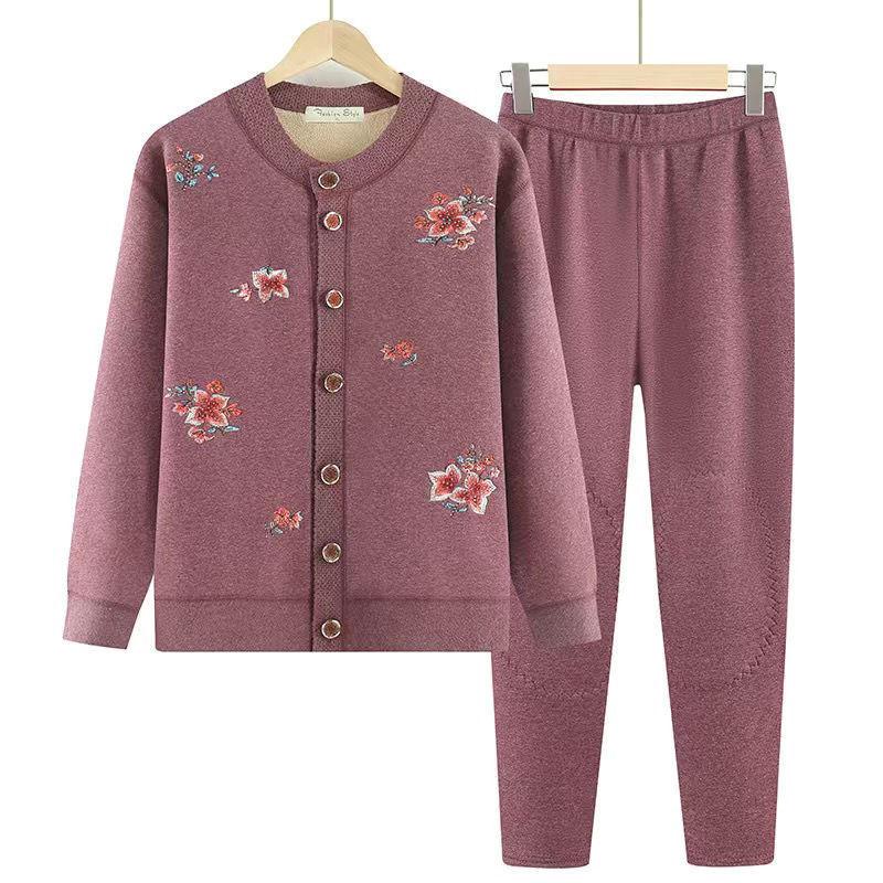 Cardigan Sweater Jacket Velvet Old Lady Autumn Clothes Mother Two-piece Set Elderly Winter Wear Warm Clothes Set