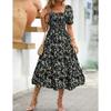 Women's Printed Square Neck Waisted Bubble Sleeve Layered Dresses