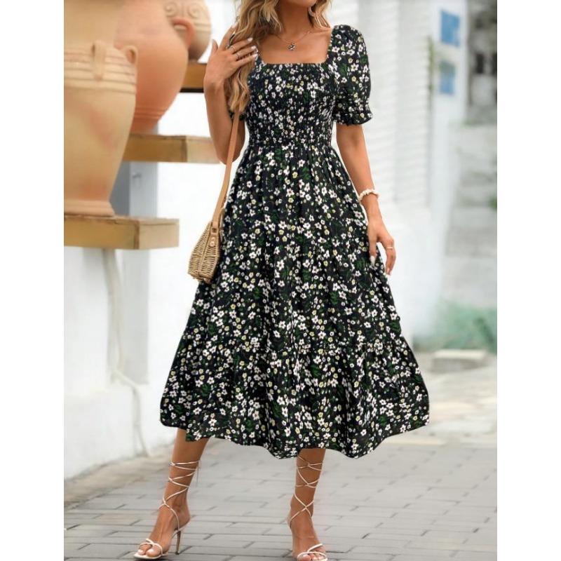 Women's Printed Square Neck Waisted Bubble Sleeve Layered Dresses