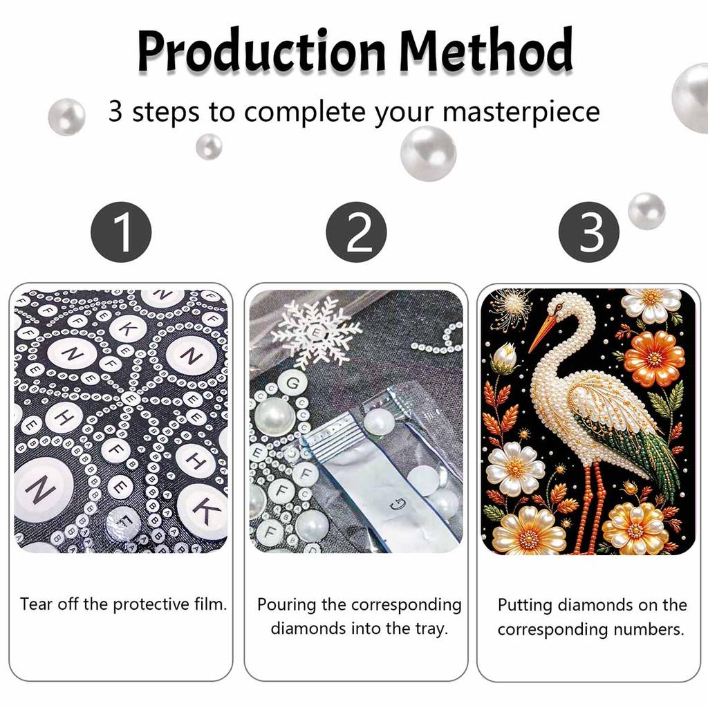 Framed Pearl Bead Painting Kit Elegant Crane and Flowers DIY Shiny Canvas Art Relaxing Craft for Desk Wall Decor Handmade Embroidery Gift Project