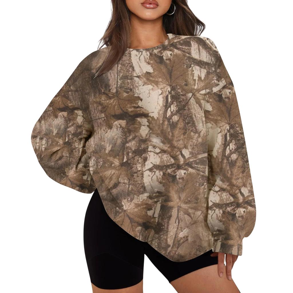 Women's Loose Fit Crew Neck Sweatshirt Long Sleeve Pullover Casual Sportswear Branch Pattern Printed Top