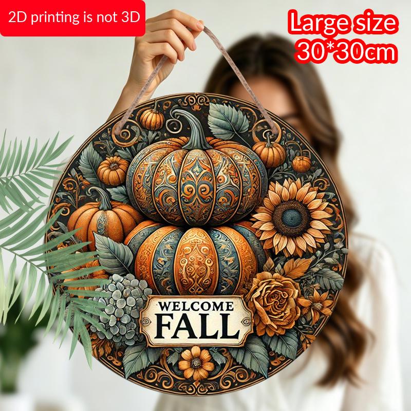 2D Flat, 1pc Vintage Autumn Harvest Metal Wall Sign - Fall Welcome Plaque with Corn, Wheat & Grain Stalks, Aluminum Outdoor/Indoor Decor Suitable for