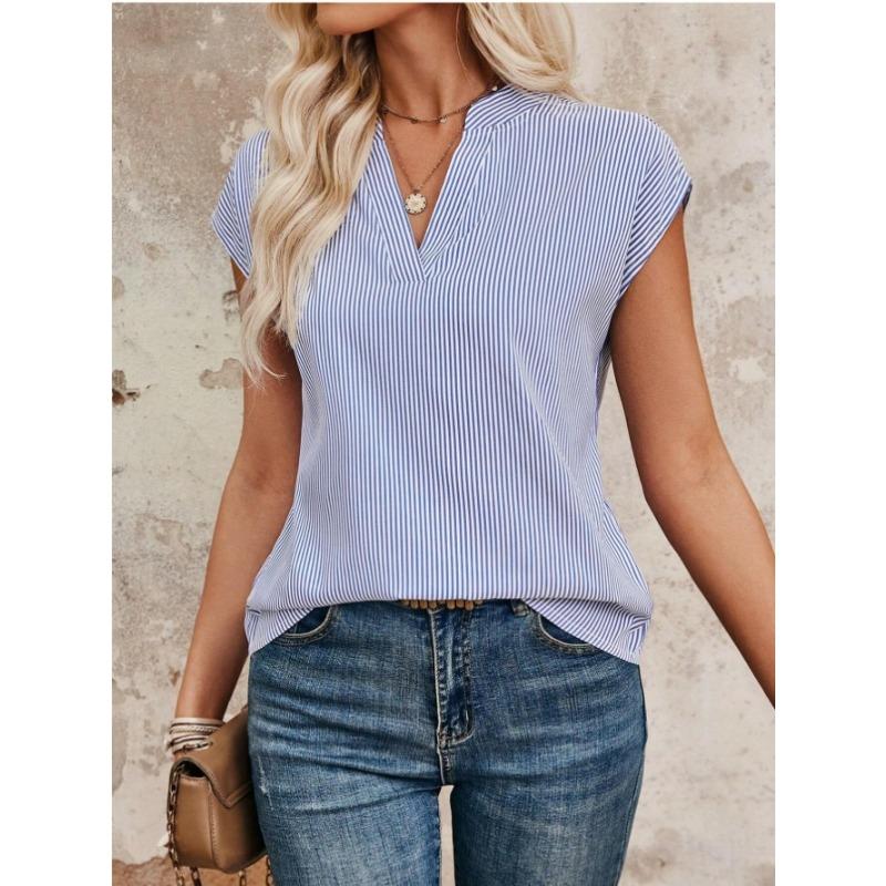 

Новая летняя женская рубашка на пуговицах с короткими рукавами, отворотом и повседневным полосатым топом XL синий