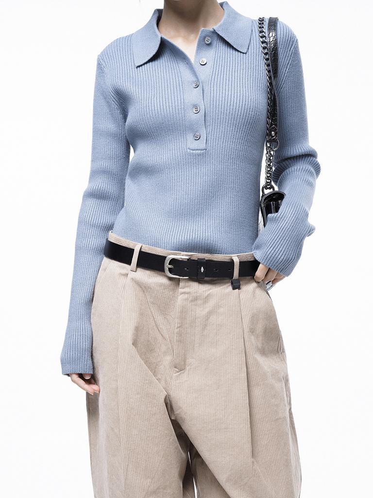 Chaenseseunoi Soft Slim Button Collar Knit - Sky /W243Tp08Sk