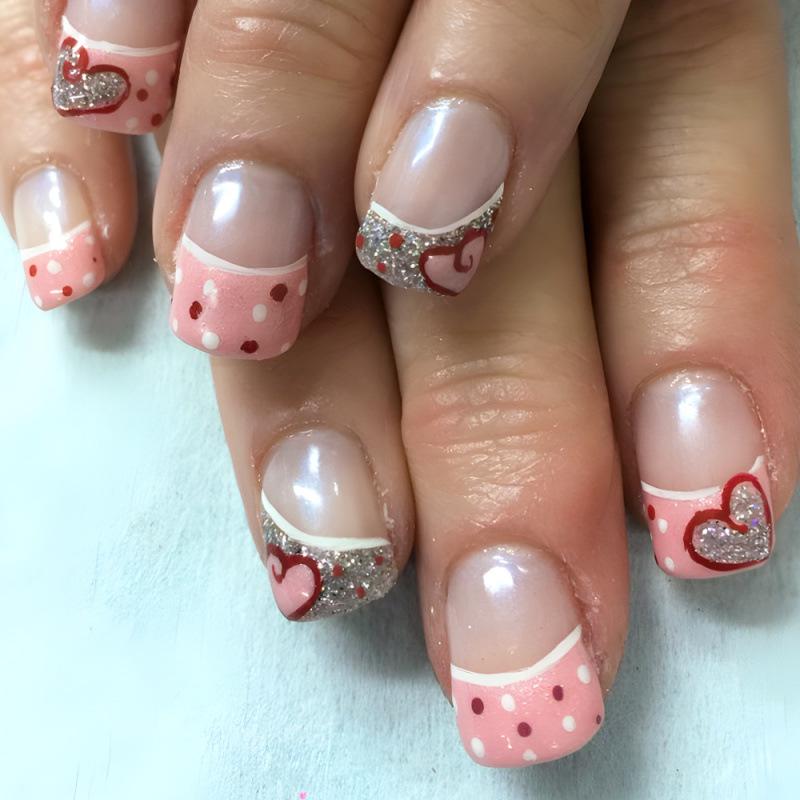 Valentine s Day Glossy Polka Dot & Heart Fake Nails - 24-Piece Glitter Nail Art Set