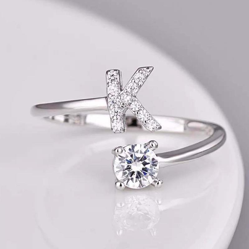 Women A-Z Letter Initial Name Alphabet New Adjustable Casual Rhinestone Fashion Couple Elegant Stackable Ring