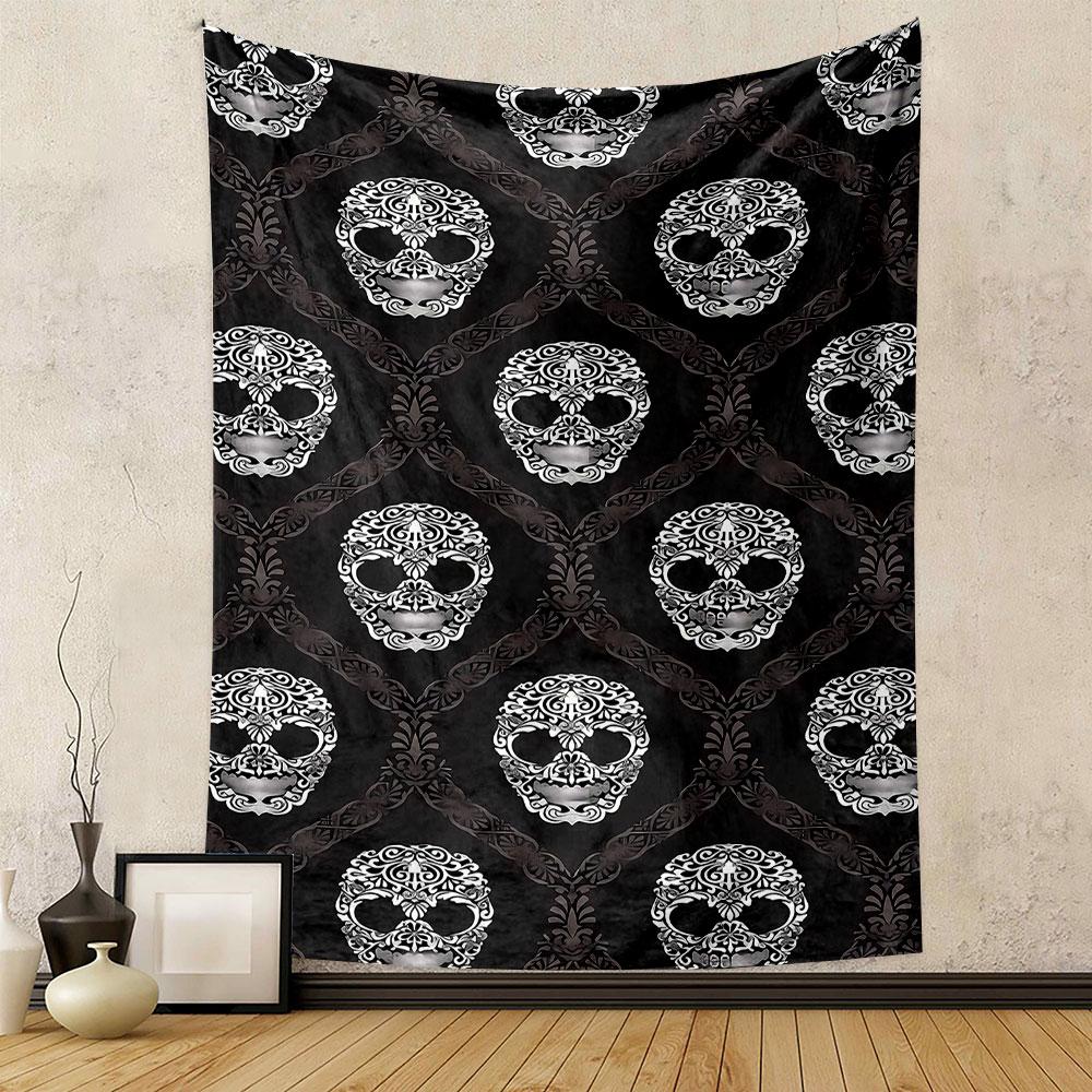 Floral Skull Pattern On Black Background Patterned Tapestry Home Decor, Suitable for Bedroom and Living Room, Gift