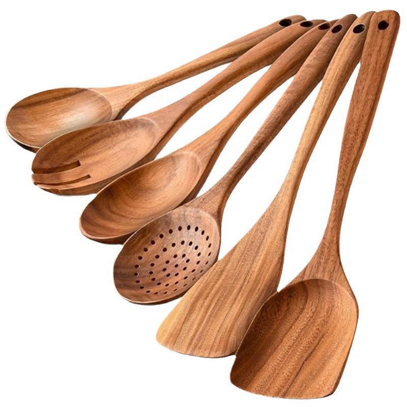 Teak 9-Piece Kitchen Set: Solid Wood Spatula, Spoon, Fork, Non-stick Pan, Acacia Wood Utensils, Long Handle Pot & Vegetable Spatula