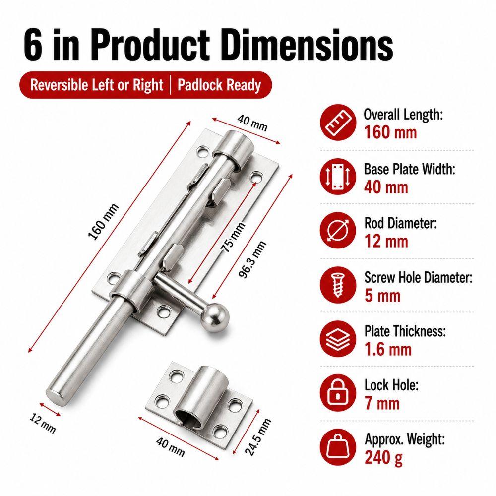 304 Stainless Steel Slide Bolt Lock Heavy Duty Gate Latch Durable Barrel Bolt Latch  Gate
