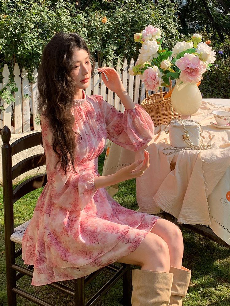 

New Spring Floral Waist-Defining Long-Sleeve Dress 2XL