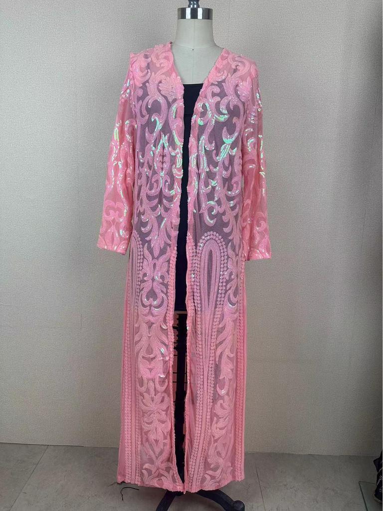 Europäischer & Amerikanischer Langarm Pailletten Mesh Perlen Cardigan