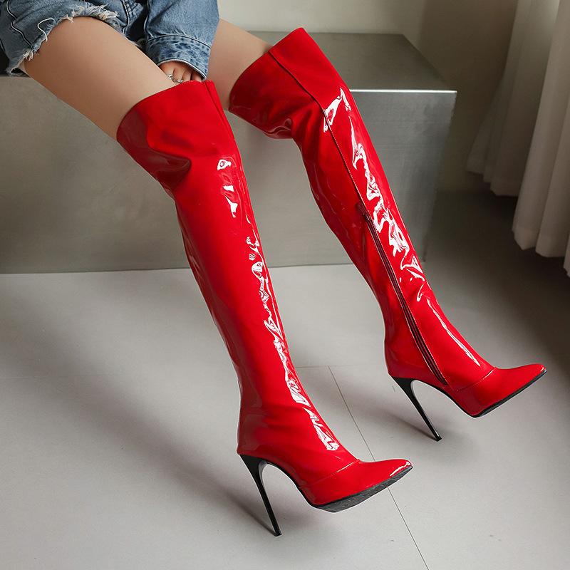 New Women's Boots Red Heels Over The Knee Boot Sexy Patent Leather Side Zipper Nightclub Dance Long Boots Party Women Shoes
