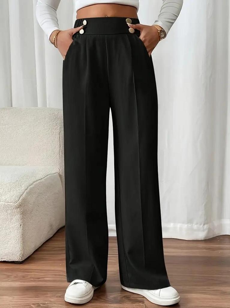 Elegante High-Waist Fließende Bodenlange Damenhose - Lockerer Gerader Schnitt, Unifarben, 2025 Design