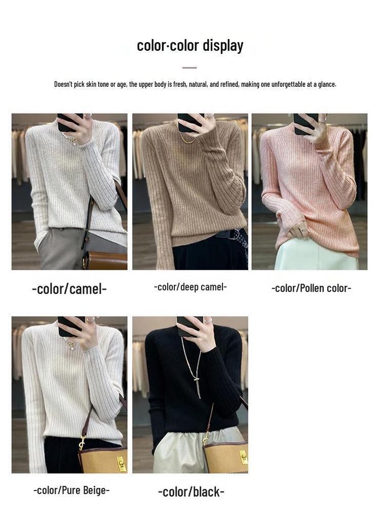 100% Cashmere Pure Wool Slimming Round Neck Knit Sweater - Women's Ribbed Slim Fit for Autumn/Winter